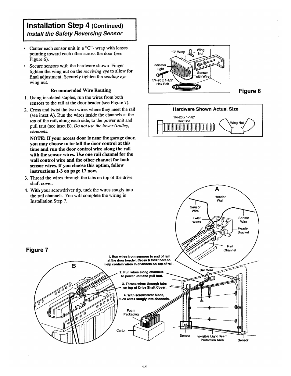 Hardware shown actual size, Installation step 4, Continued) | Figure 7 figure 6 | Chamberlain 2000SDC 1/2HP User Manual | Page 14 / 36