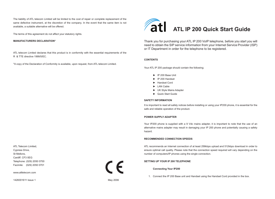 ATL Telecom IP200 User Manual | 2 pages