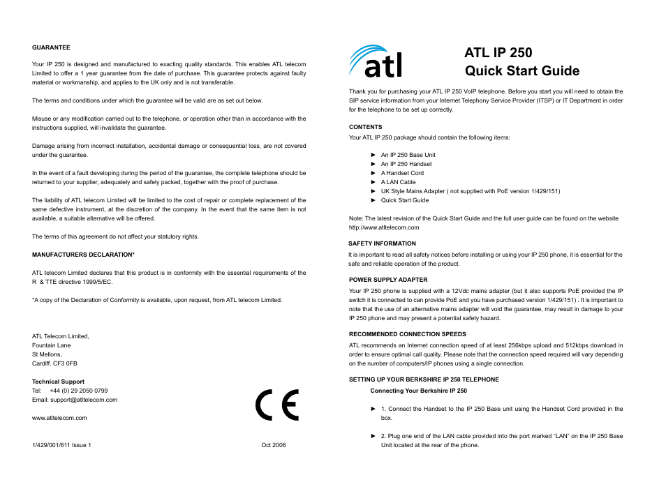 ATL Telecom IP250 User Manual | 2 pages