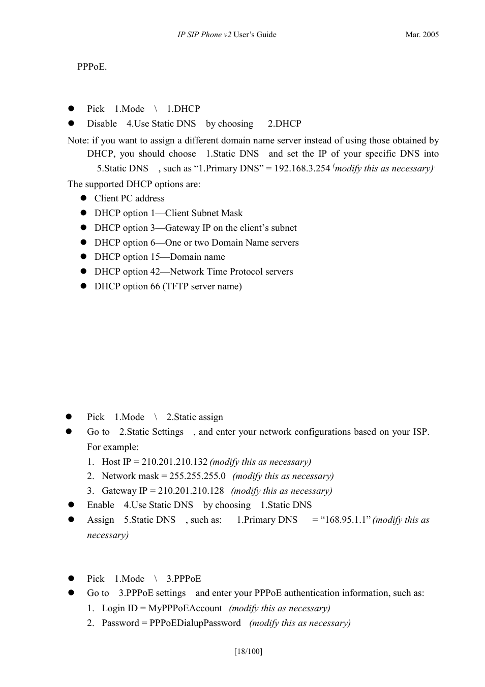 Dhcp, Static ip (fixed ip), Pppoe | Tatic, Ixed | ATL Telecom IP300S User Manual | Page 18 / 100
