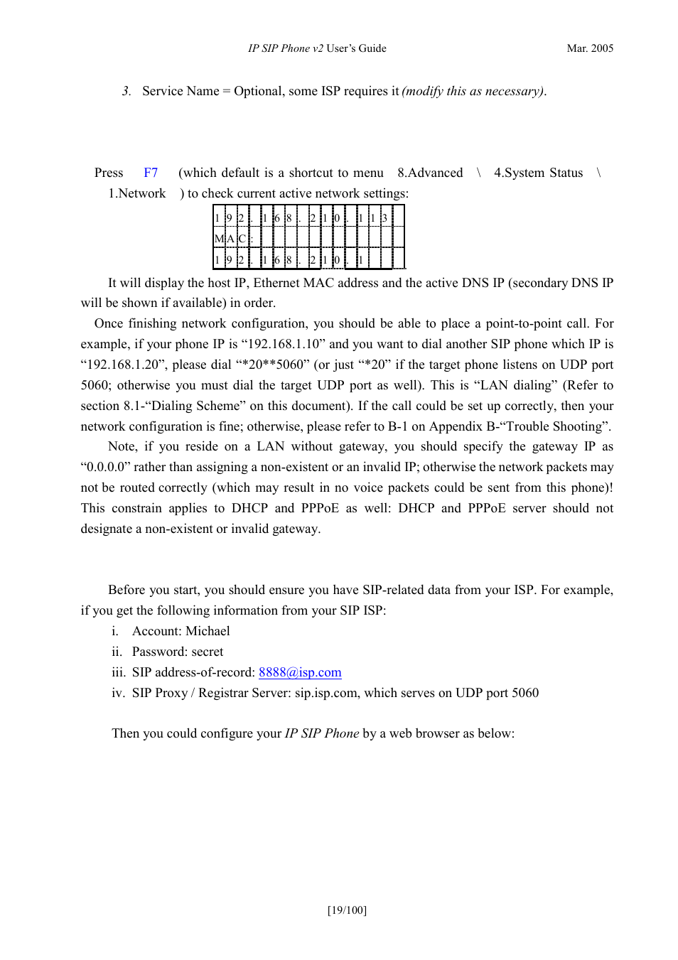 Verify network configuration, Sip service, Erify | Etwork, Onfiguration, Ervice | ATL Telecom IP300S User Manual | Page 19 / 100