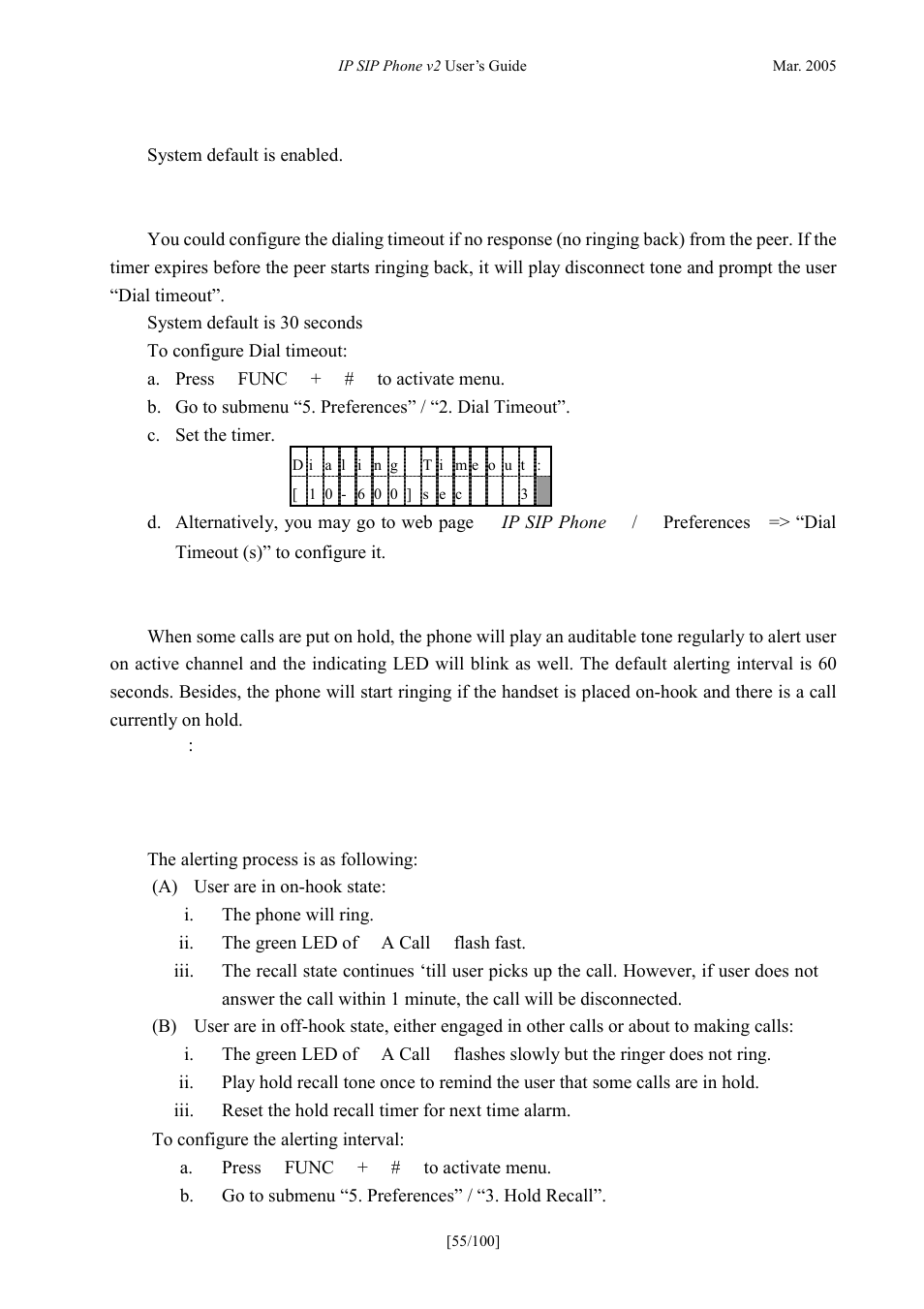 Dial timeout, Hold recall, Imeout | Ecall | ATL Telecom IP300S User Manual | Page 55 / 100
