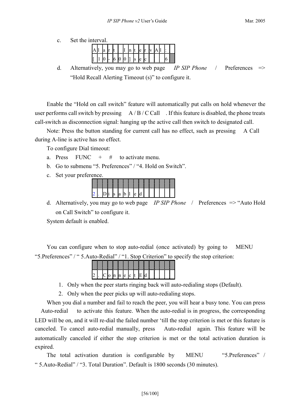 Auto hold on call switch, Auto redial, Old on | Witch, Edial | ATL Telecom IP300S User Manual | Page 56 / 100