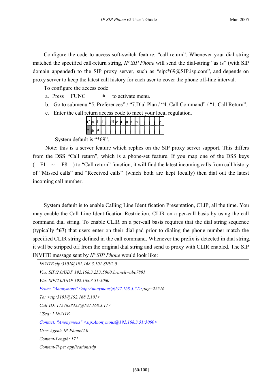 Call return, Anonymous call (clip & clir), Eturn | Nonymous, Clip, Clir) | ATL Telecom IP300S User Manual | Page 60 / 100