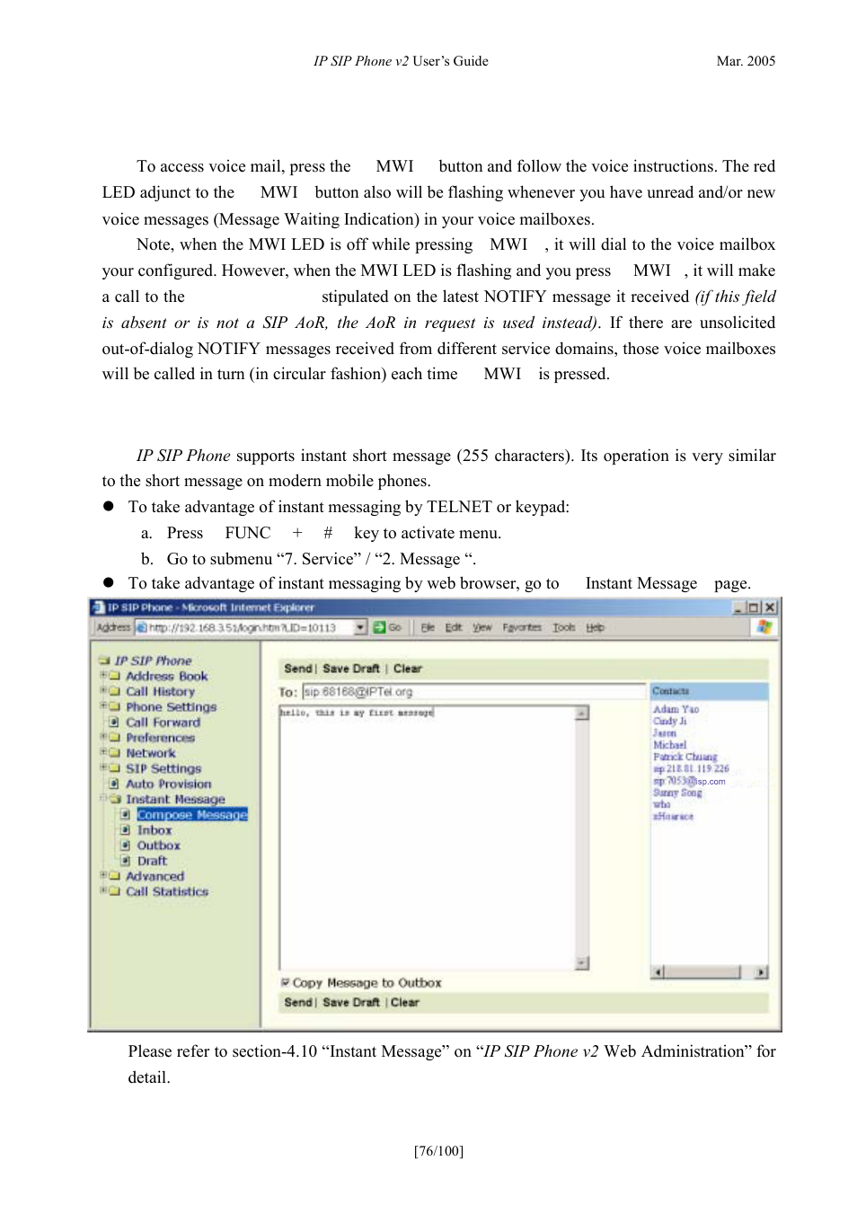 Access voice mail, Instant messaging, Ccess | Oice, Nstant, Essaging | ATL Telecom IP300S User Manual | Page 76 / 100