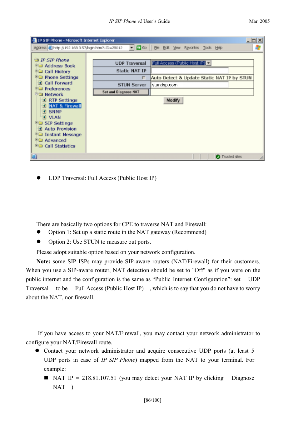Lan configuration to traverse nat and firewall, Static nat route, Onfiguration to | Raverse, Irewall, Tatic, Oute | ATL Telecom IP300S User Manual | Page 86 / 100