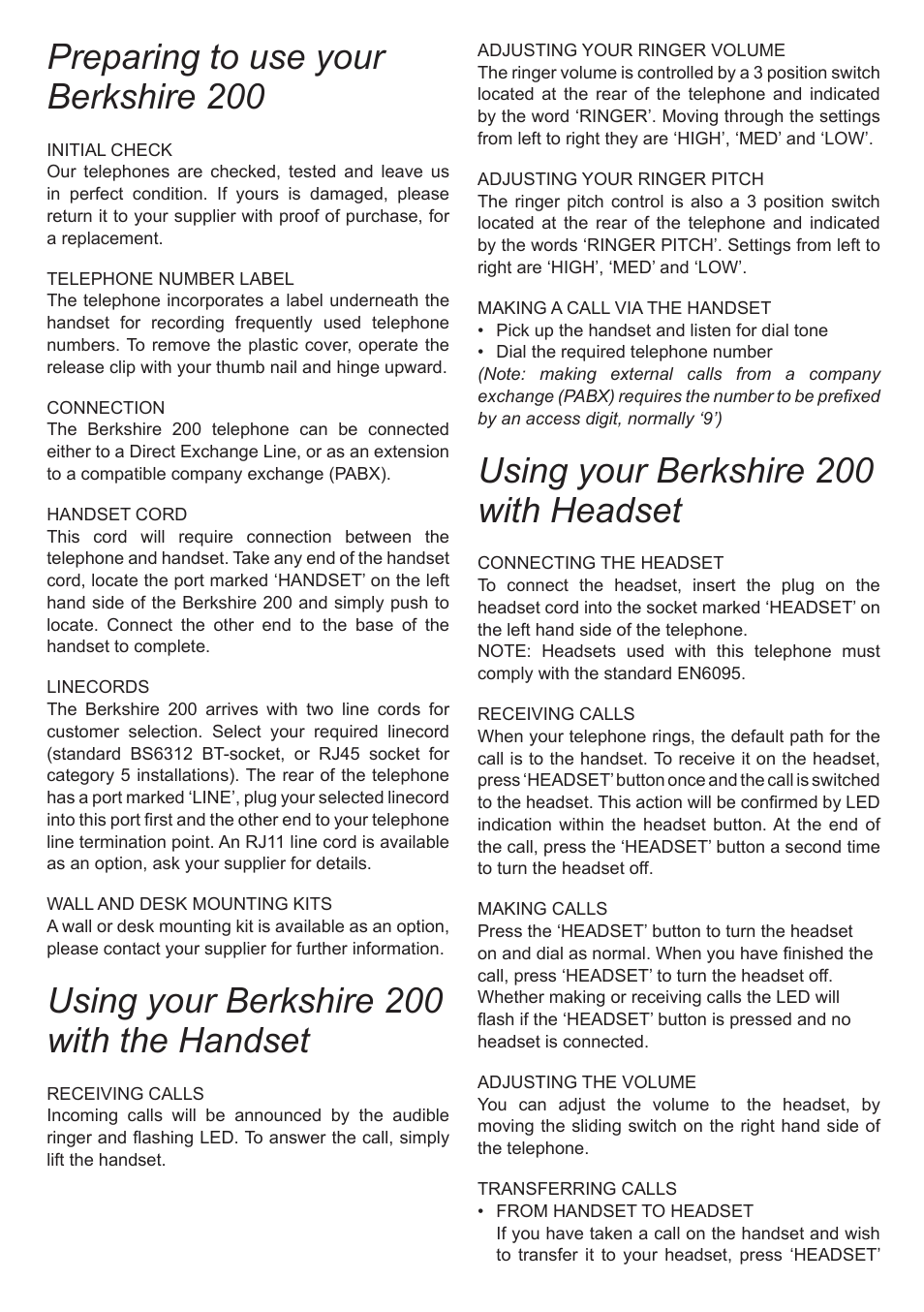 Preparing to use your berkshire 200, Using your berkshire 200 with the handset, Using your berkshire 200 with headset | ATL Telecom Berkshire 200 User Manual | Page 2 / 4