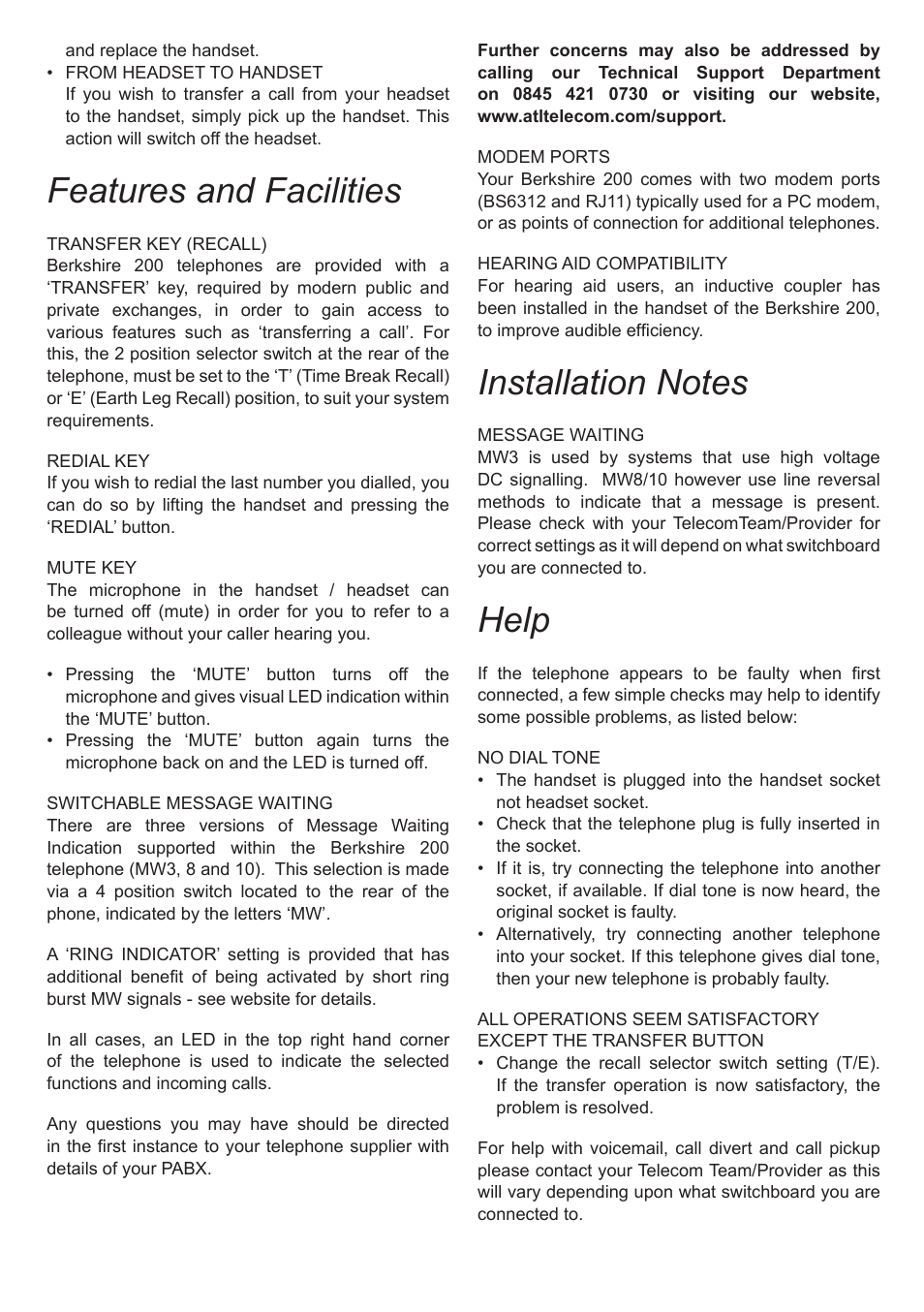 Features and facilities, Help | ATL Telecom Berkshire 200 User Manual | Page 3 / 4