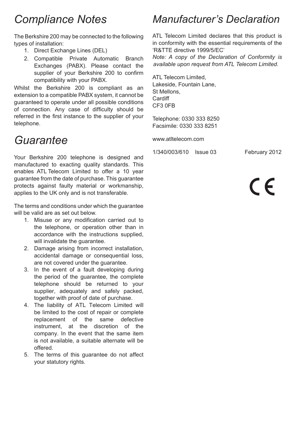 Guarantee, Manufacturer’s declaration | ATL Telecom Berkshire 200 User Manual | Page 4 / 4