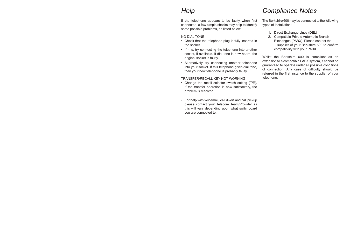 Help | ATL Telecom Berkshire 600 User Manual | Page 2 / 8