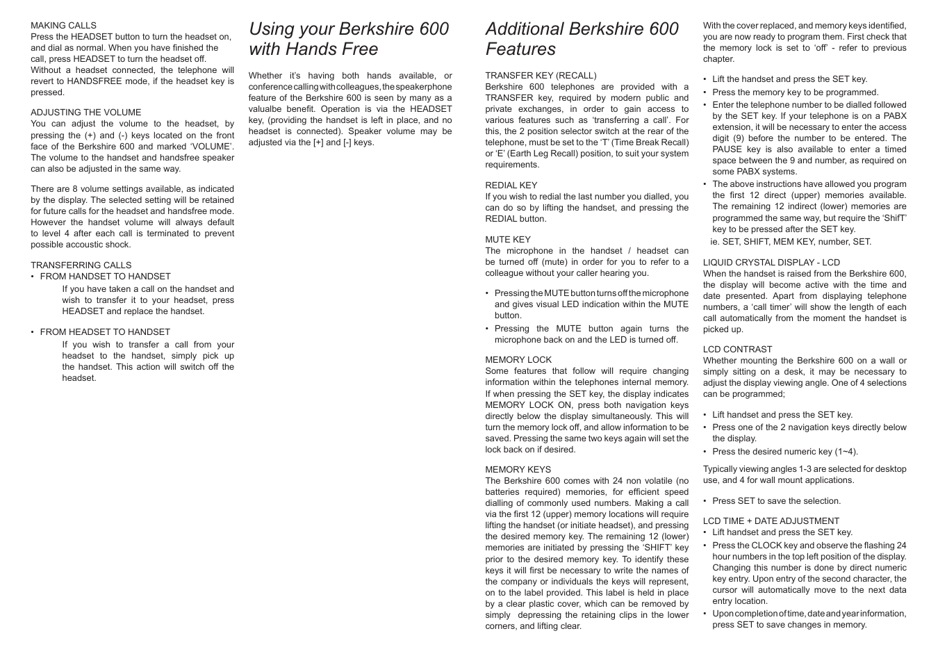 Using your berkshire 600 with hands free, Additional berkshire 600 features | ATL Telecom Berkshire 600 User Manual | Page 4 / 8