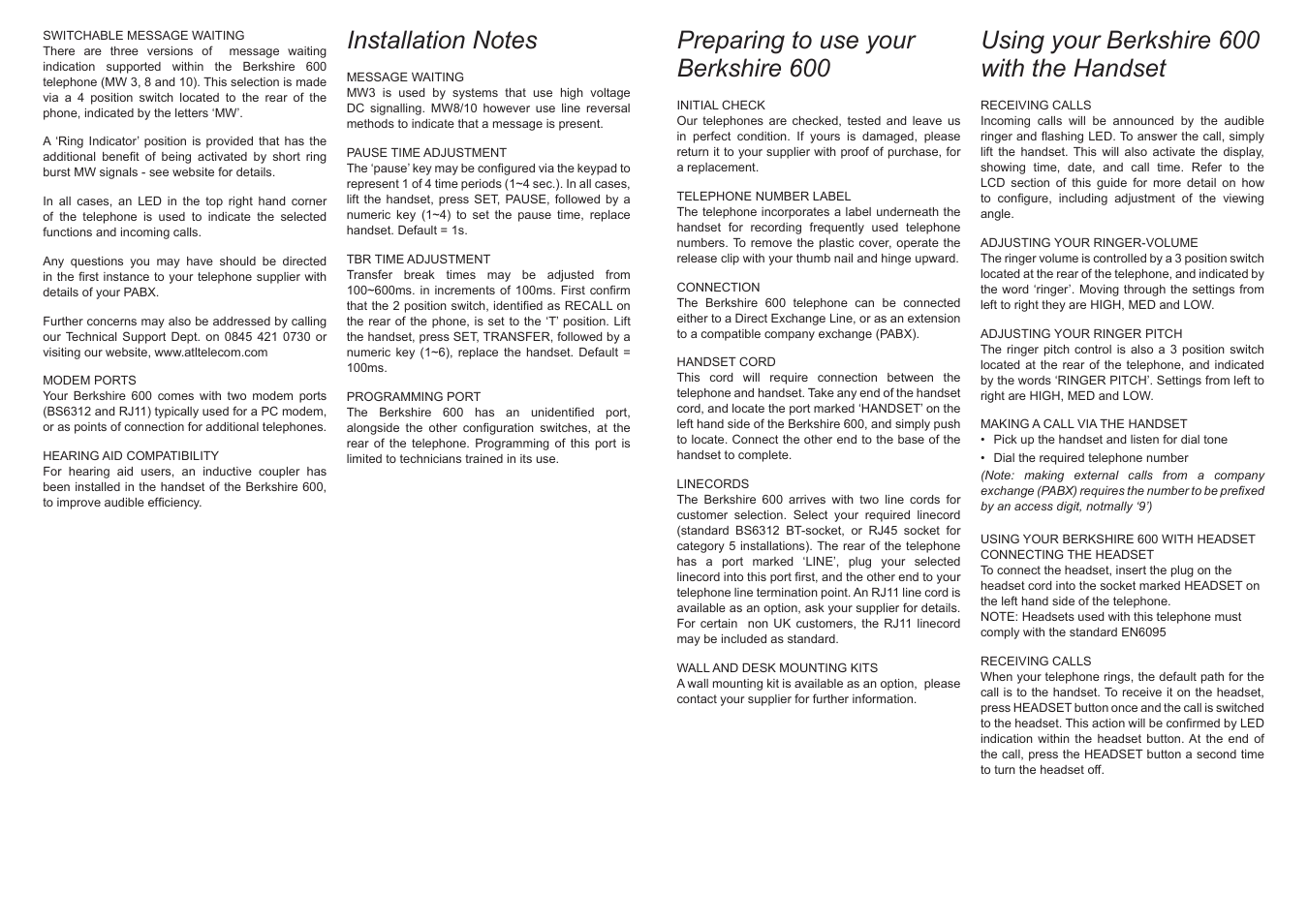 Preparing to use your berkshire 600, Using your berkshire 600 with the handset | ATL Telecom Berkshire 600 User Manual | Page 6 / 8