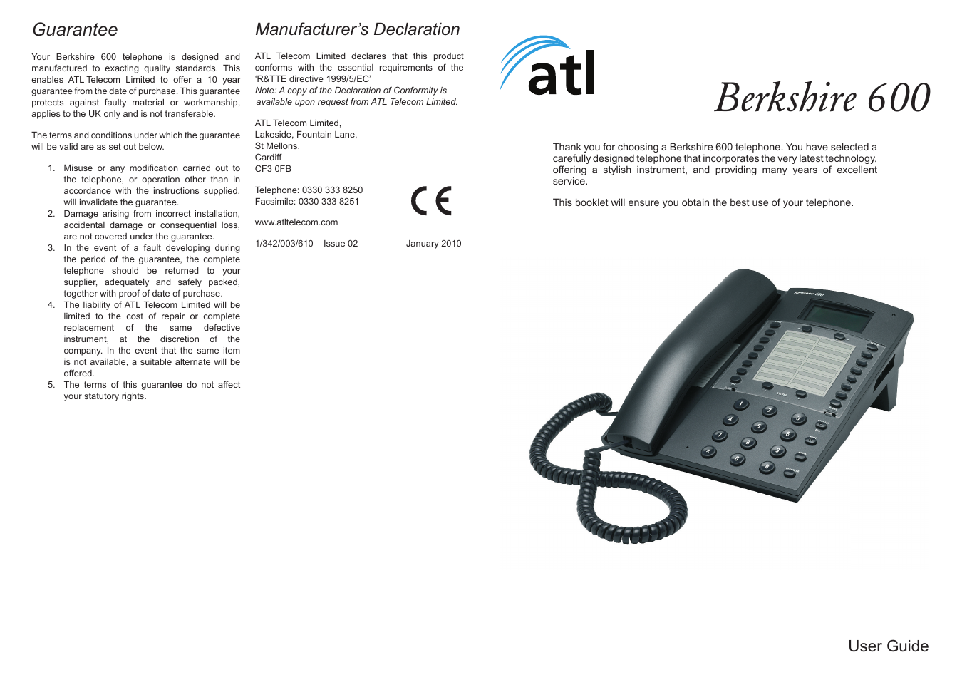 Berkshire 600, Guarantee, Manufacturer’s declaration | User guide | ATL Telecom Berkshire 600 User Manual | Page 8 / 8