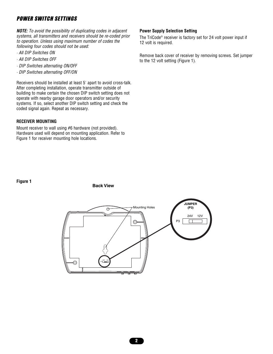 Power switch settings, Receiver mounting, Power supply selection setting | Chamberlain TCR2 User Manual | Page 2 / 4