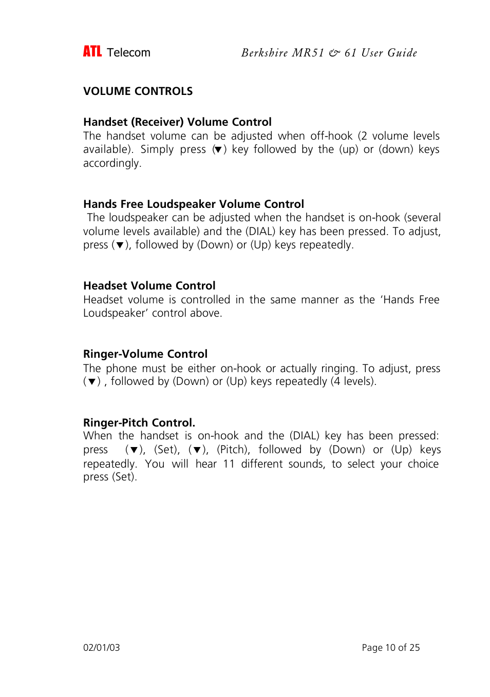 ATL Telecom Berkshire MR51 User Manual | Page 10 / 25