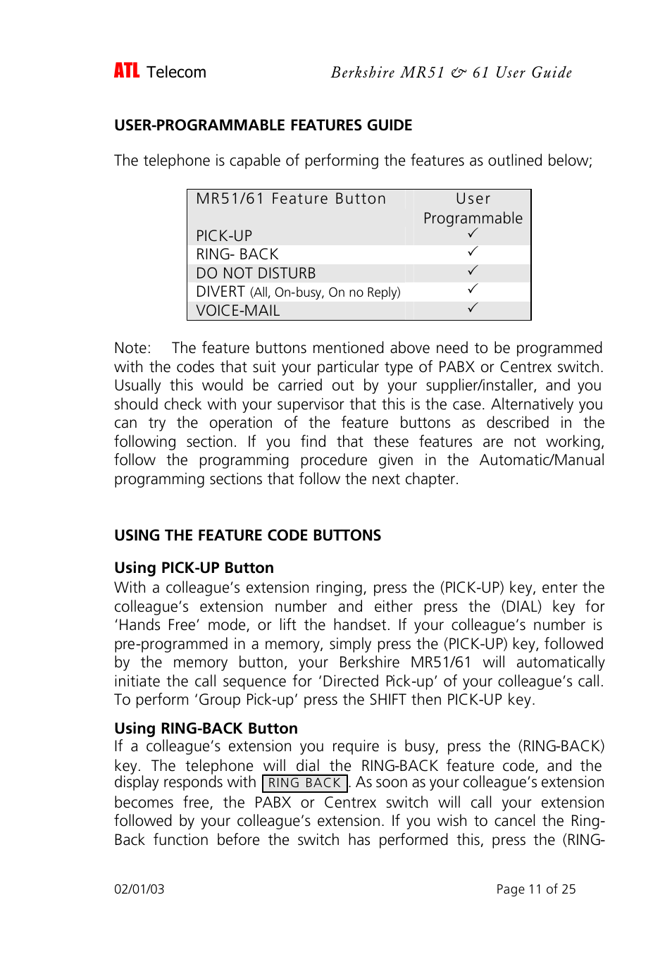 ATL Telecom Berkshire MR51 User Manual | Page 11 / 25