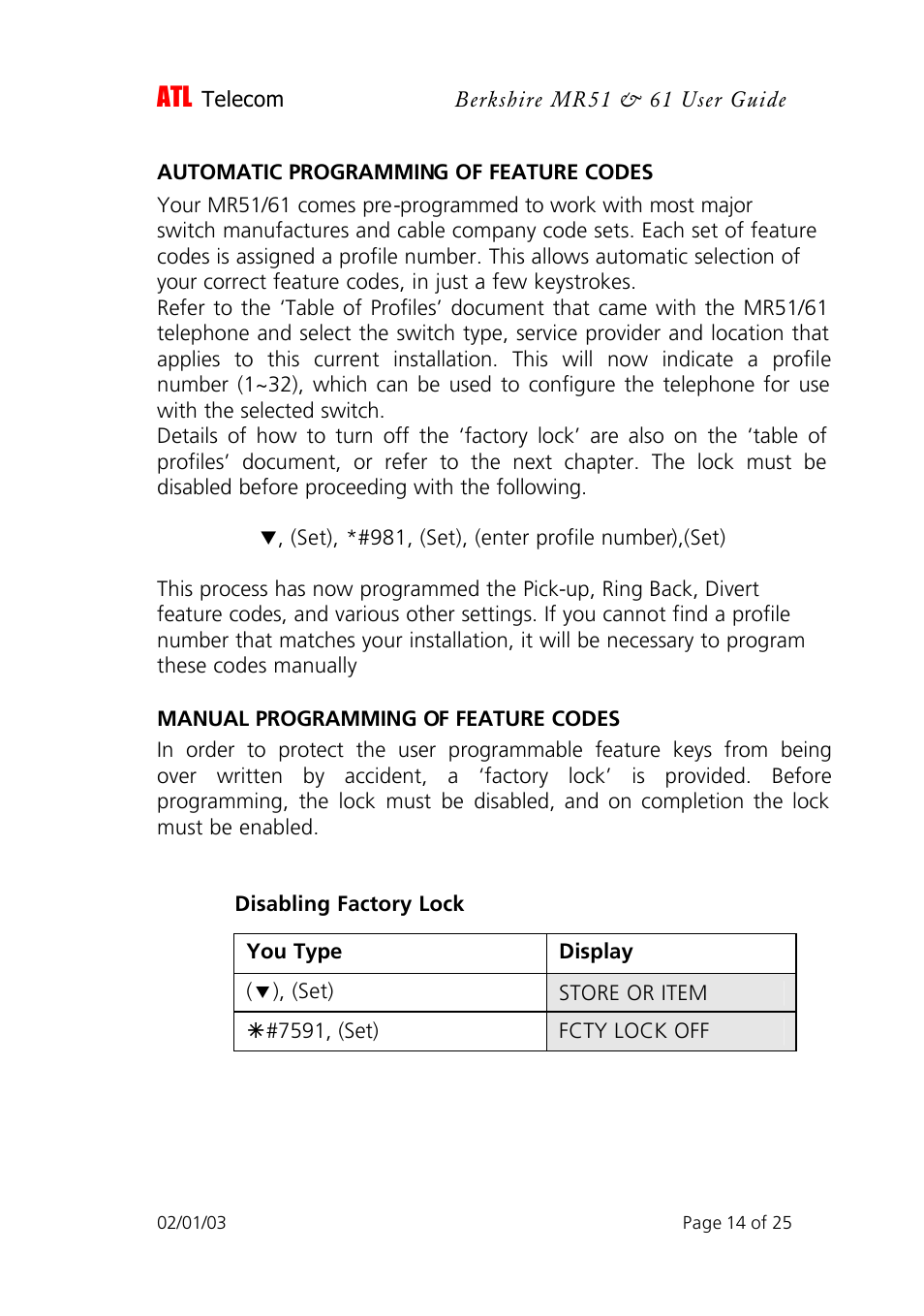 ATL Telecom Berkshire MR51 User Manual | Page 14 / 25