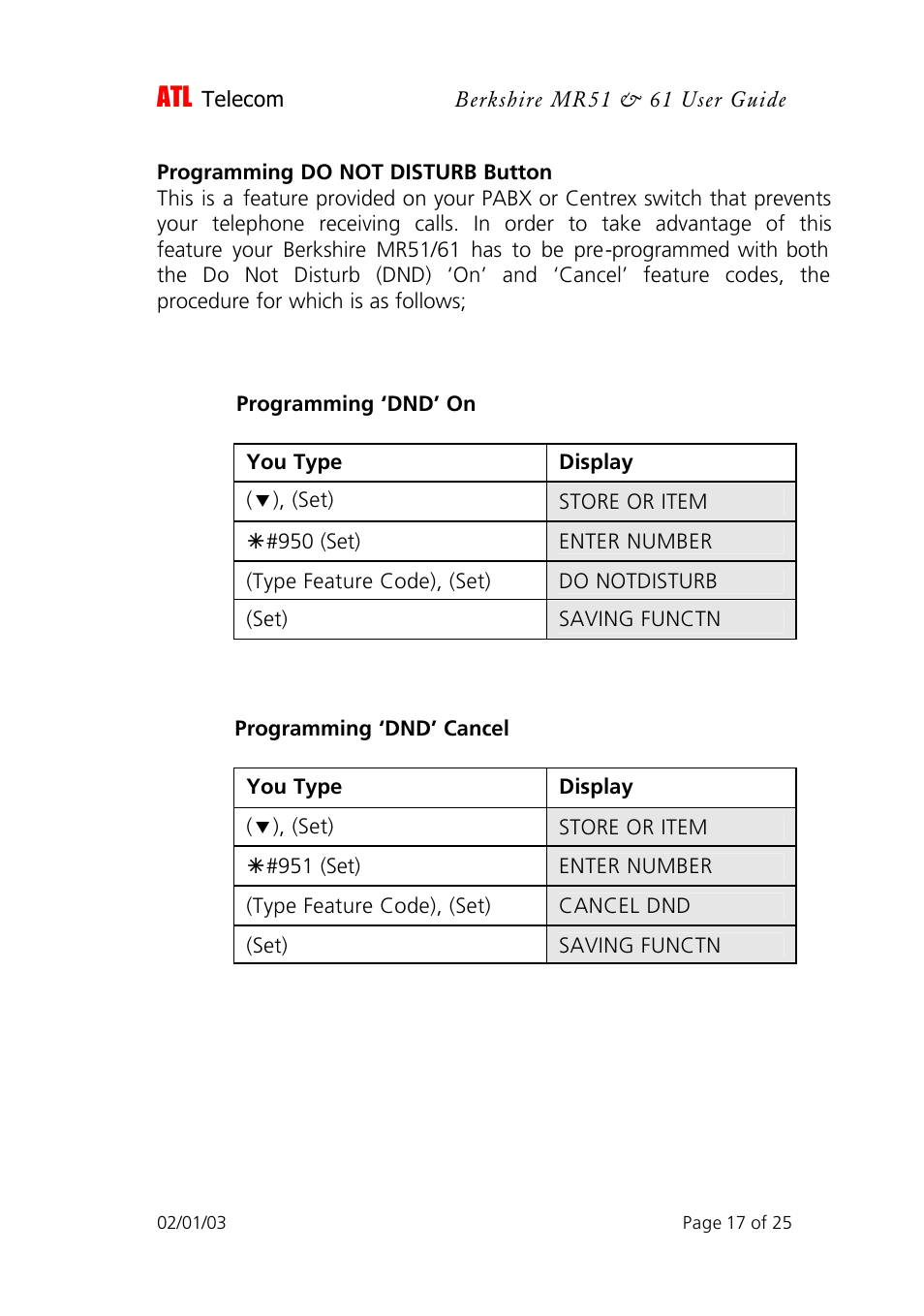 ATL Telecom Berkshire MR51 User Manual | Page 17 / 25