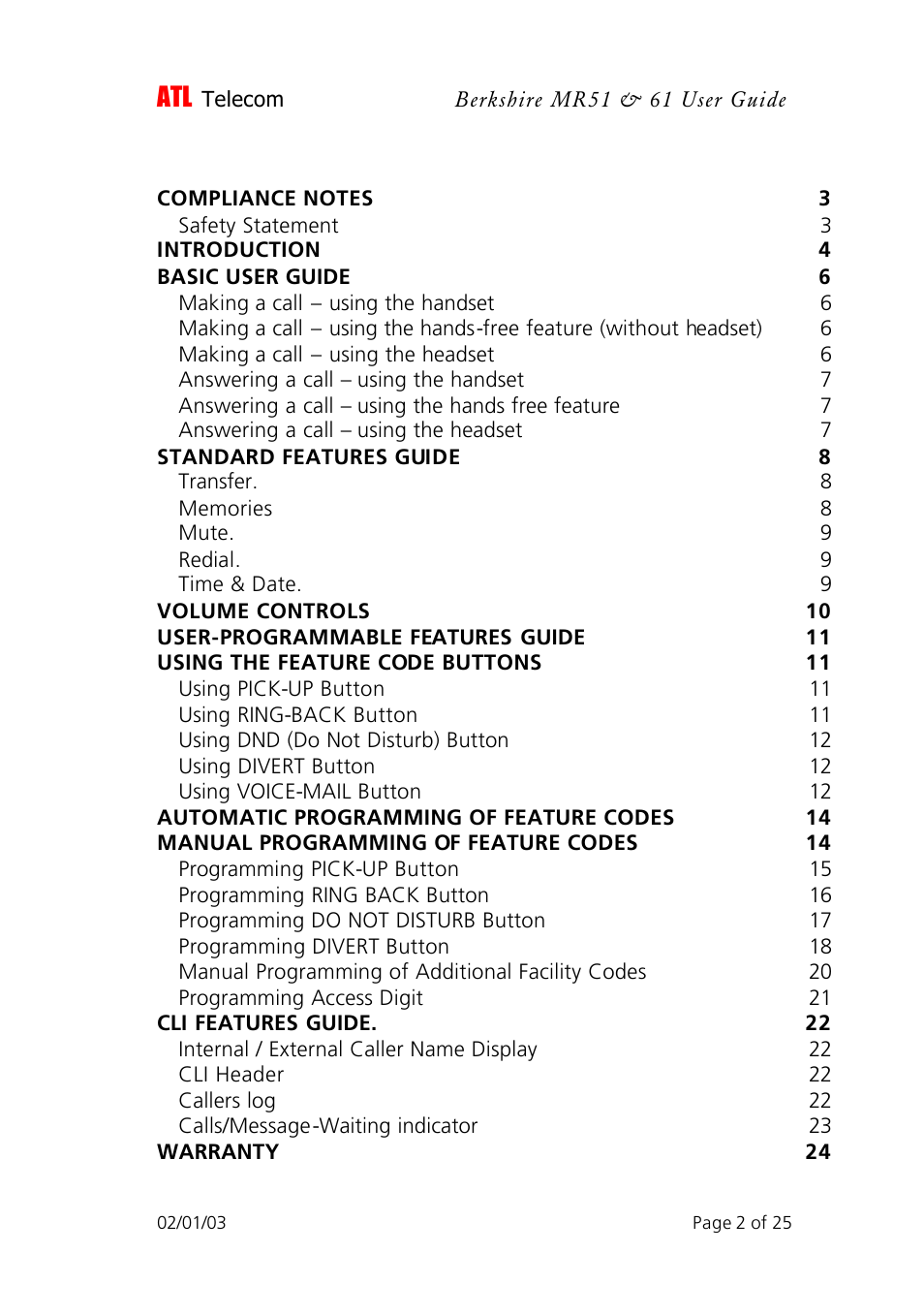 ATL Telecom Berkshire MR51 User Manual | Page 2 / 25
