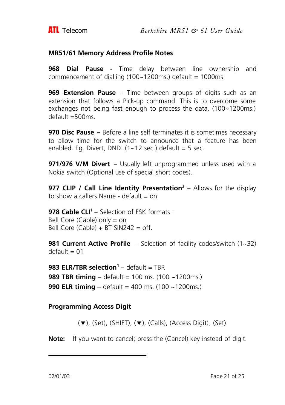 ATL Telecom Berkshire MR51 User Manual | Page 21 / 25