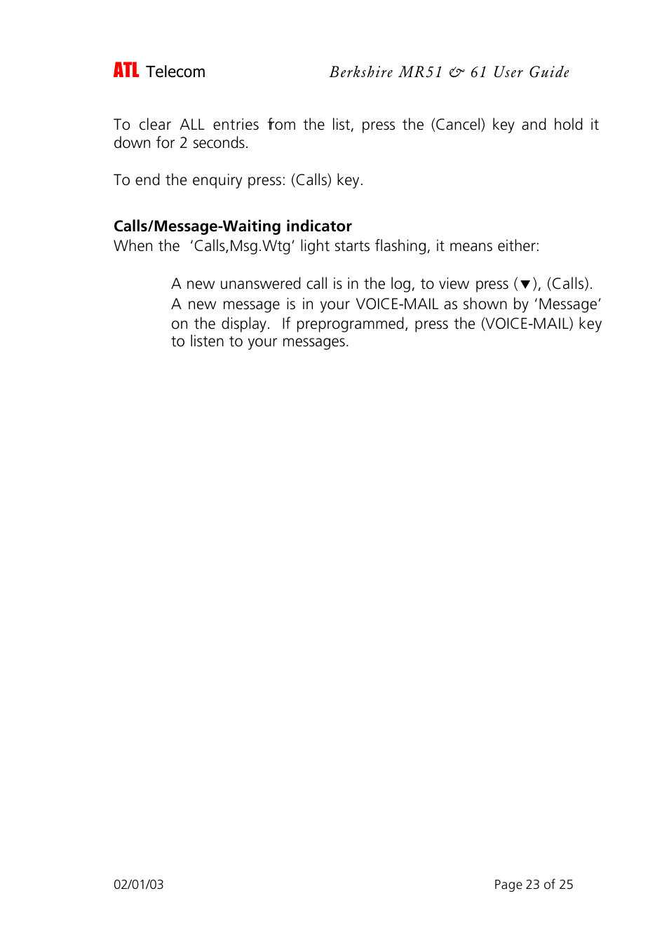 ATL Telecom Berkshire MR51 User Manual | Page 23 / 25