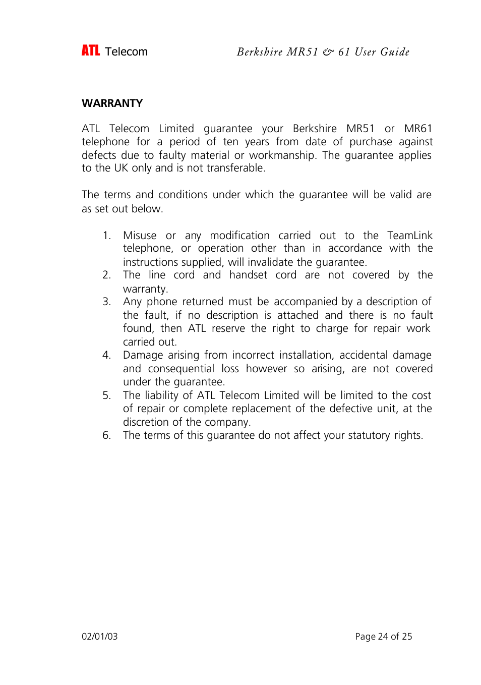 ATL Telecom Berkshire MR51 User Manual | Page 24 / 25