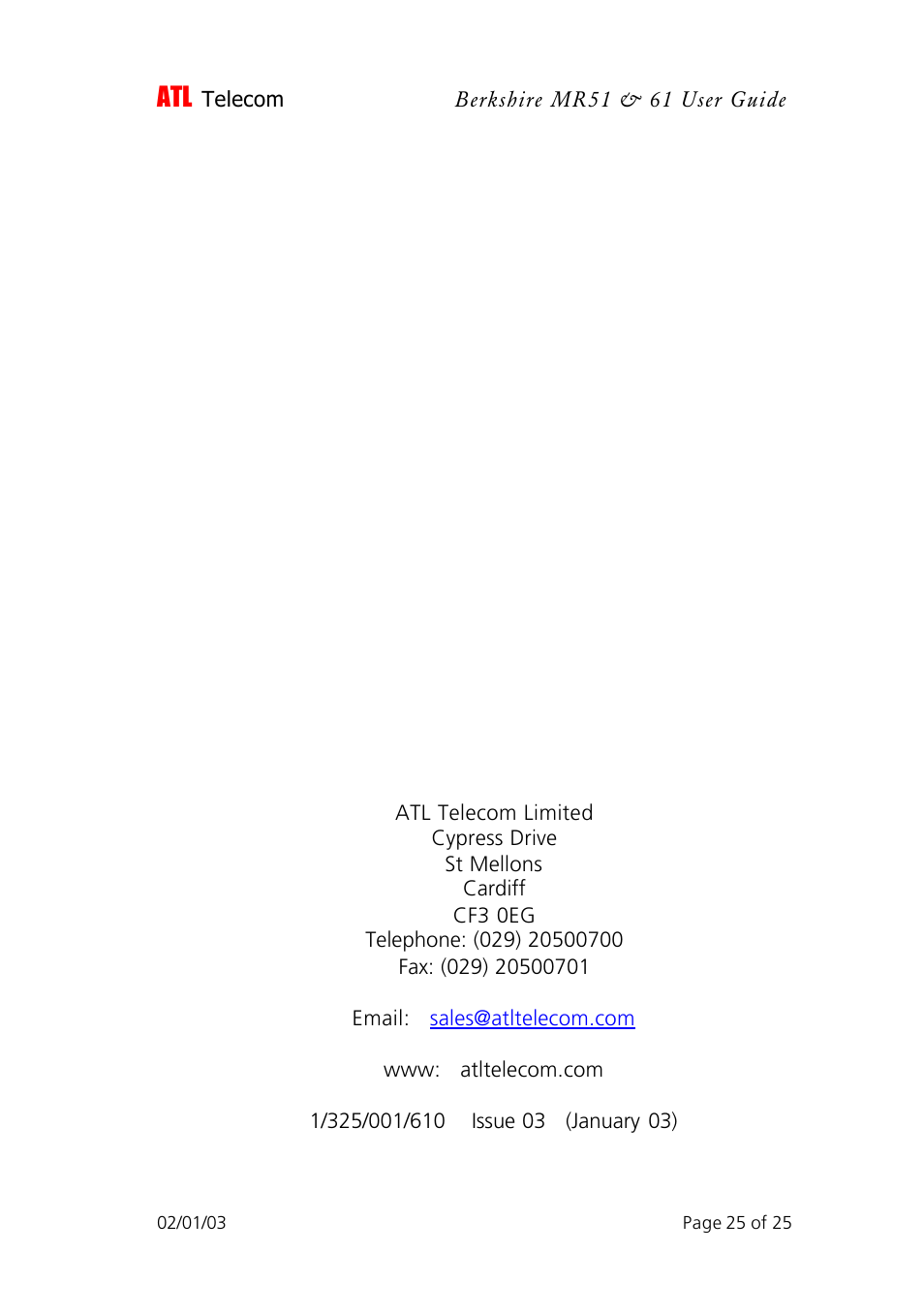 ATL Telecom Berkshire MR51 User Manual | Page 25 / 25