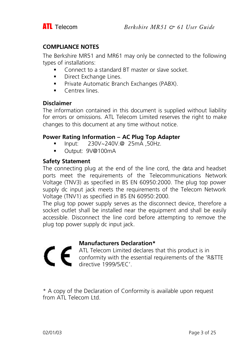 ATL Telecom Berkshire MR51 User Manual | Page 3 / 25