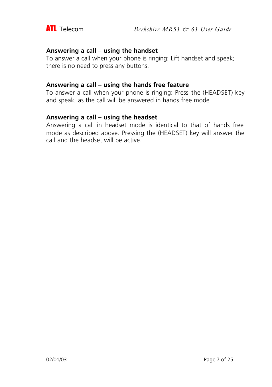 ATL Telecom Berkshire MR51 User Manual | Page 7 / 25
