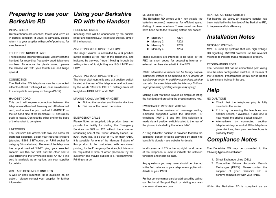 Preparing to use your berkshire rd, Using your berkshire rd with the handset, Help | ATL Telecom Berkshire RD User Manual | Page 2 / 4