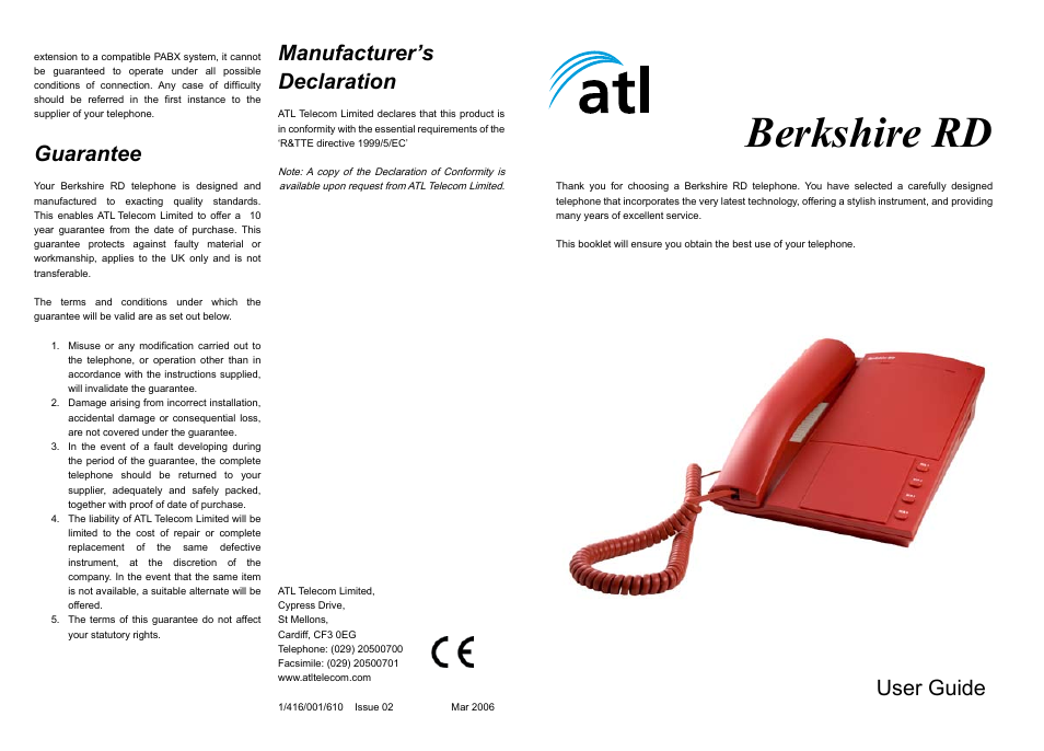 Berkshire rd, Guarantee, Manufacturer’s declaration | User guide | ATL Telecom Berkshire RD User Manual | Page 4 / 4