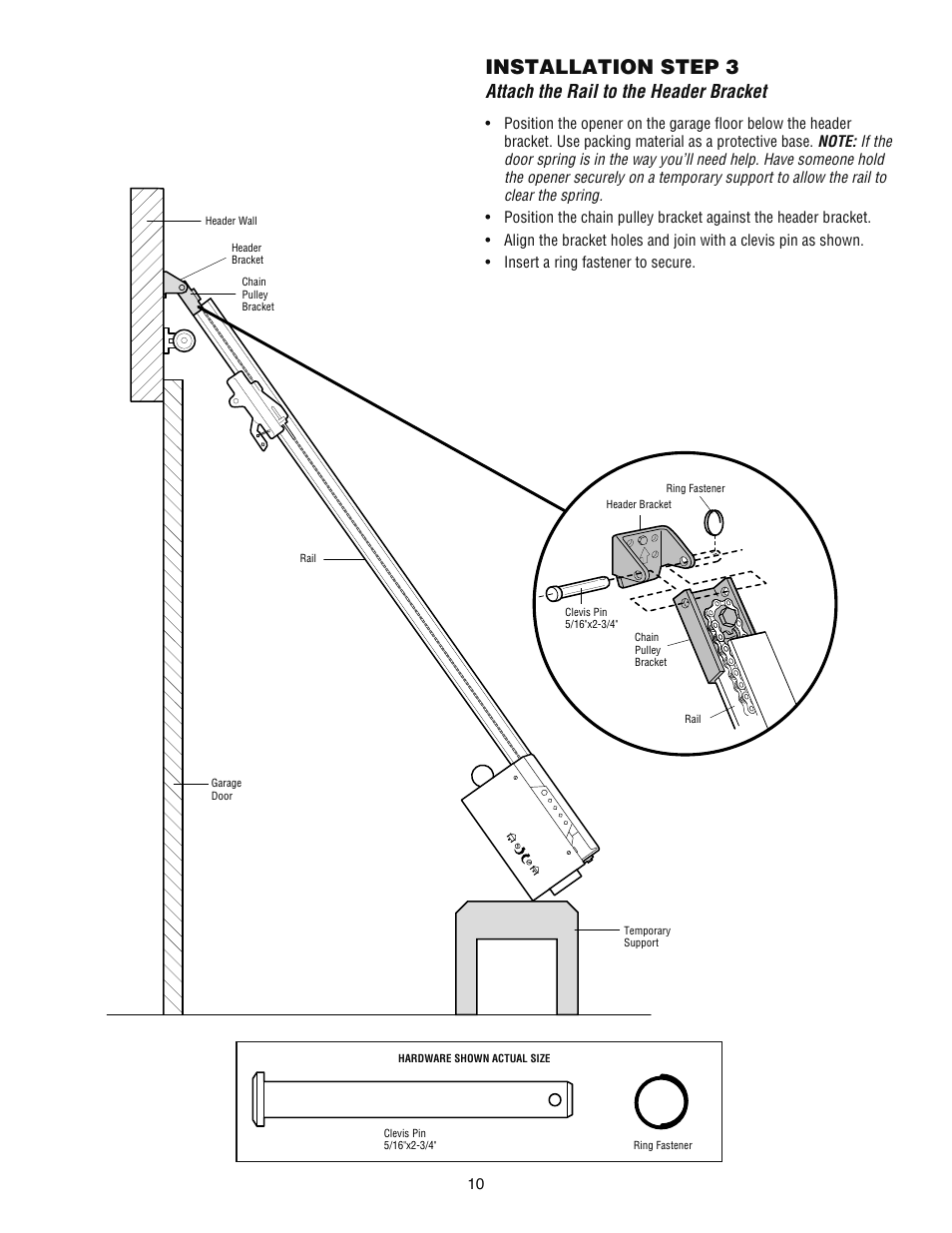 Step 3 attach the rail to the header bracket, Installation step 3, Attach the rail to the header bracket | Chamberlain ATS 2113X User Manual | Page 10 / 32