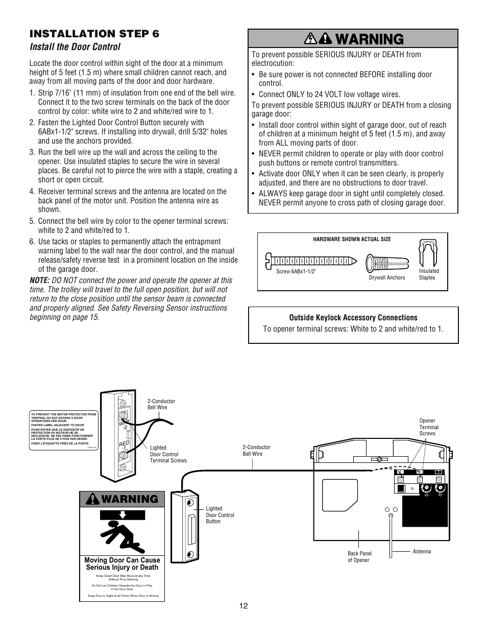 Step 6 install the door control, Installation step 6, Warning | Install the door control | Chamberlain ATS 2113X User Manual | Page 12 / 32