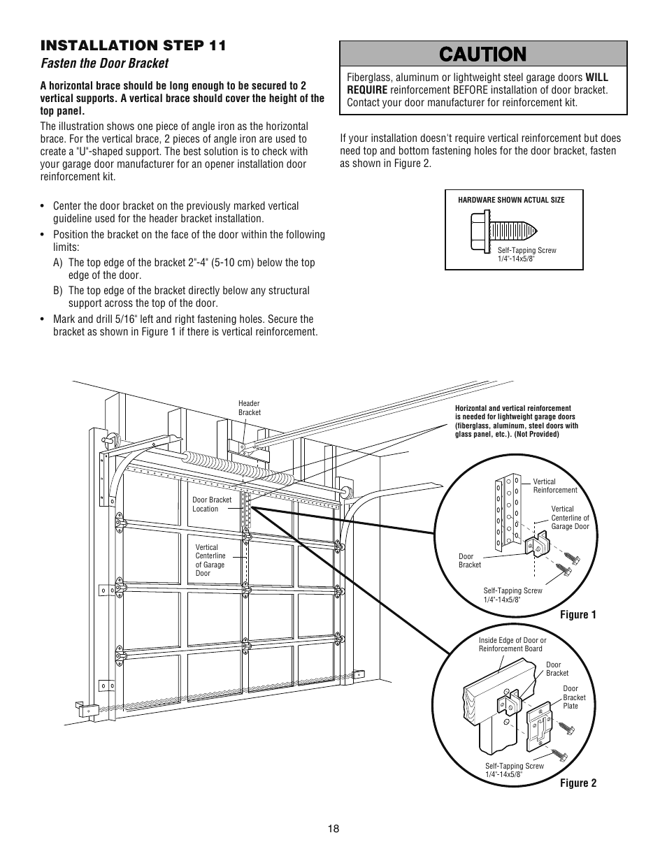 Step 11 fasten the door bracket, Installation step 11, Fasten the door bracket | Chamberlain ATS 2113X User Manual | Page 18 / 32