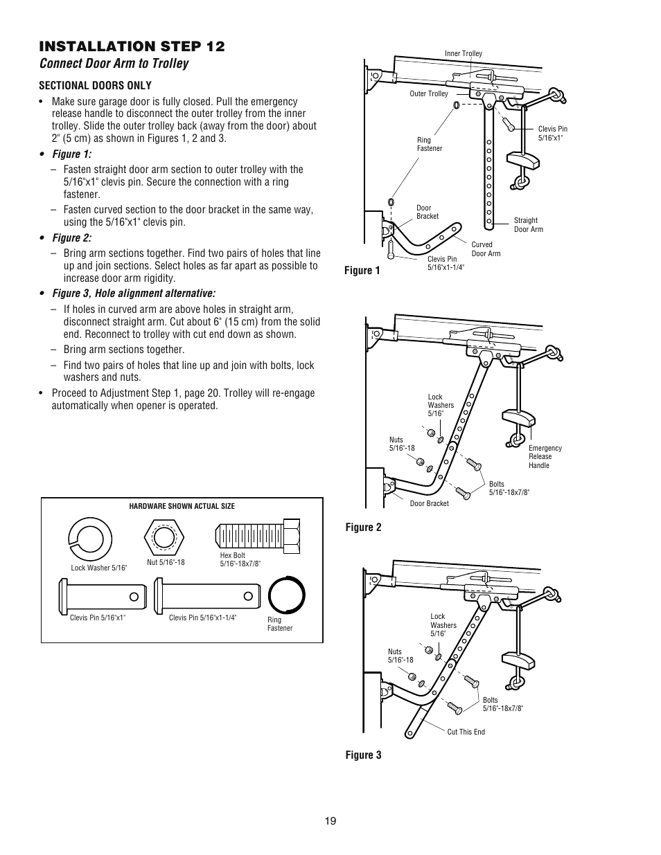 Step 12 connect door arm to trolley, Installation step 12, Connect door arm to trolley | Chamberlain ATS 2113X User Manual | Page 19 / 32