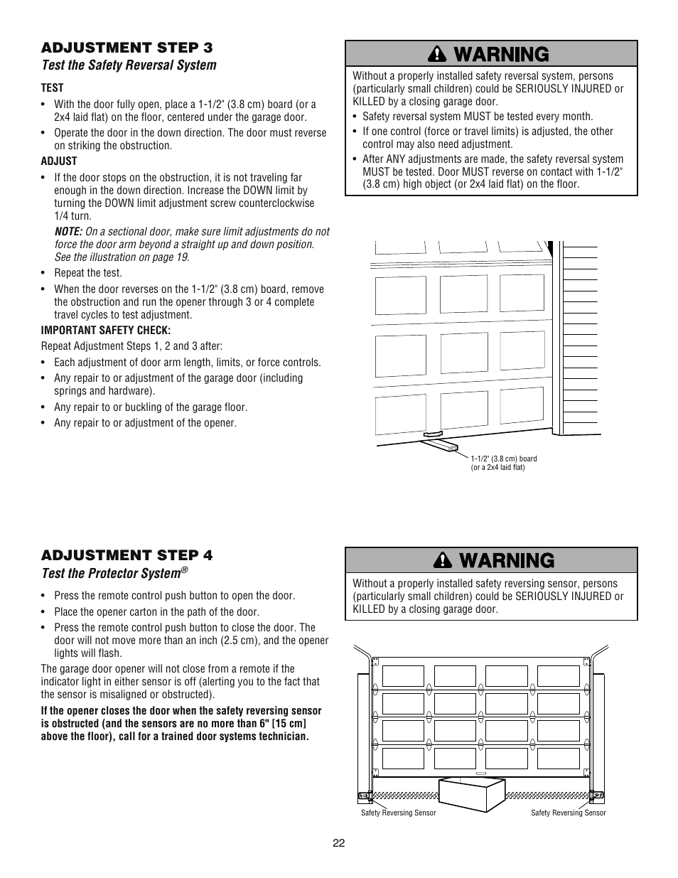 Step 3 test the safety reversal system, Step 4 test the protector system, Adjustment step 3 | Adjustment step 4 | Chamberlain ATS 2113X User Manual | Page 22 / 32