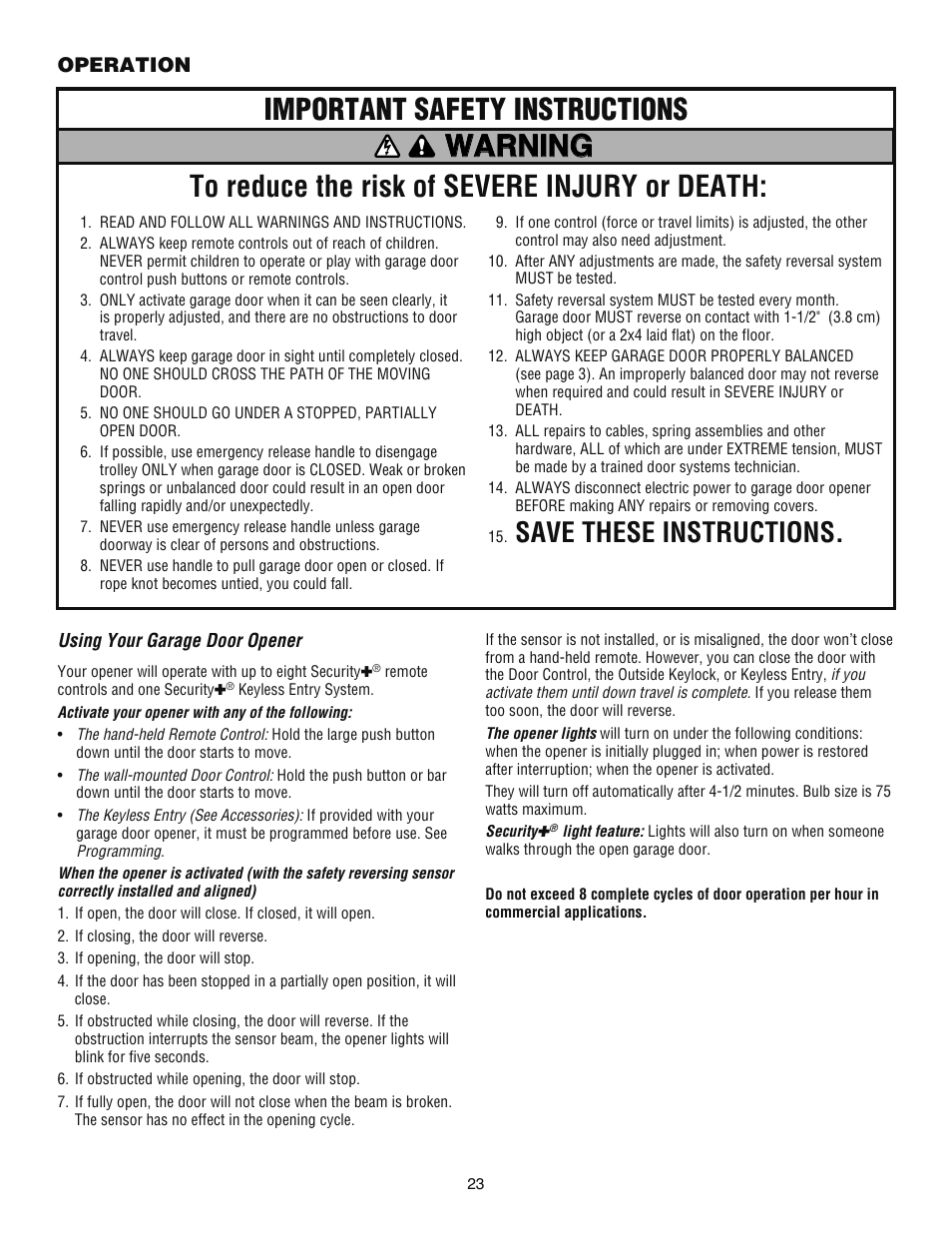 Operation, Using your garage door opener, Warning | Save these instructions | Chamberlain ATS 2113X User Manual | Page 23 / 32