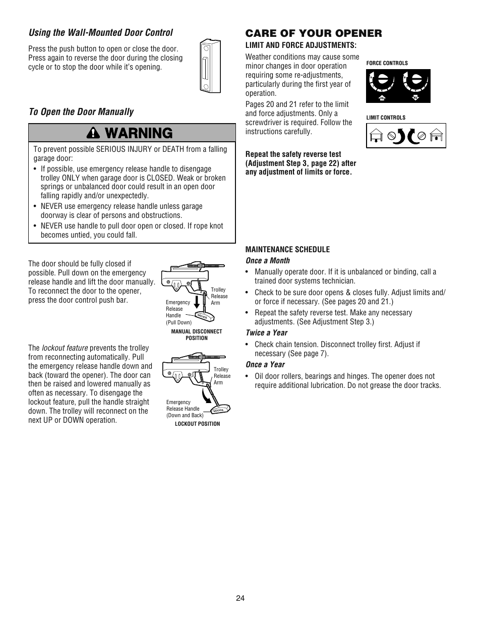 Using the wall-mounted door control, To open the door manually, Care of your opener | Chamberlain ATS 2113X User Manual | Page 24 / 32