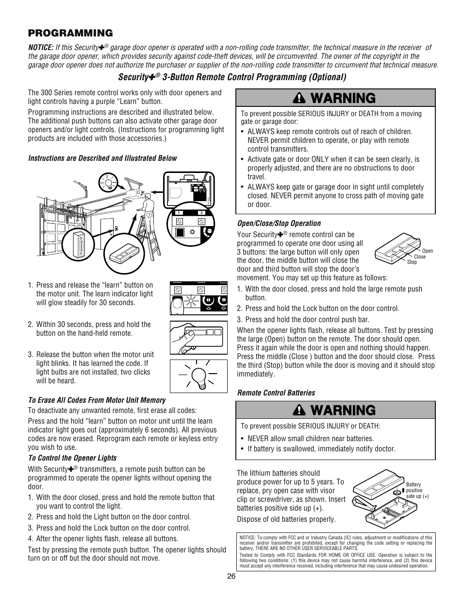 Programming, Security, Button remote control programming (optional) | Chamberlain ATS 2113X User Manual | Page 26 / 32