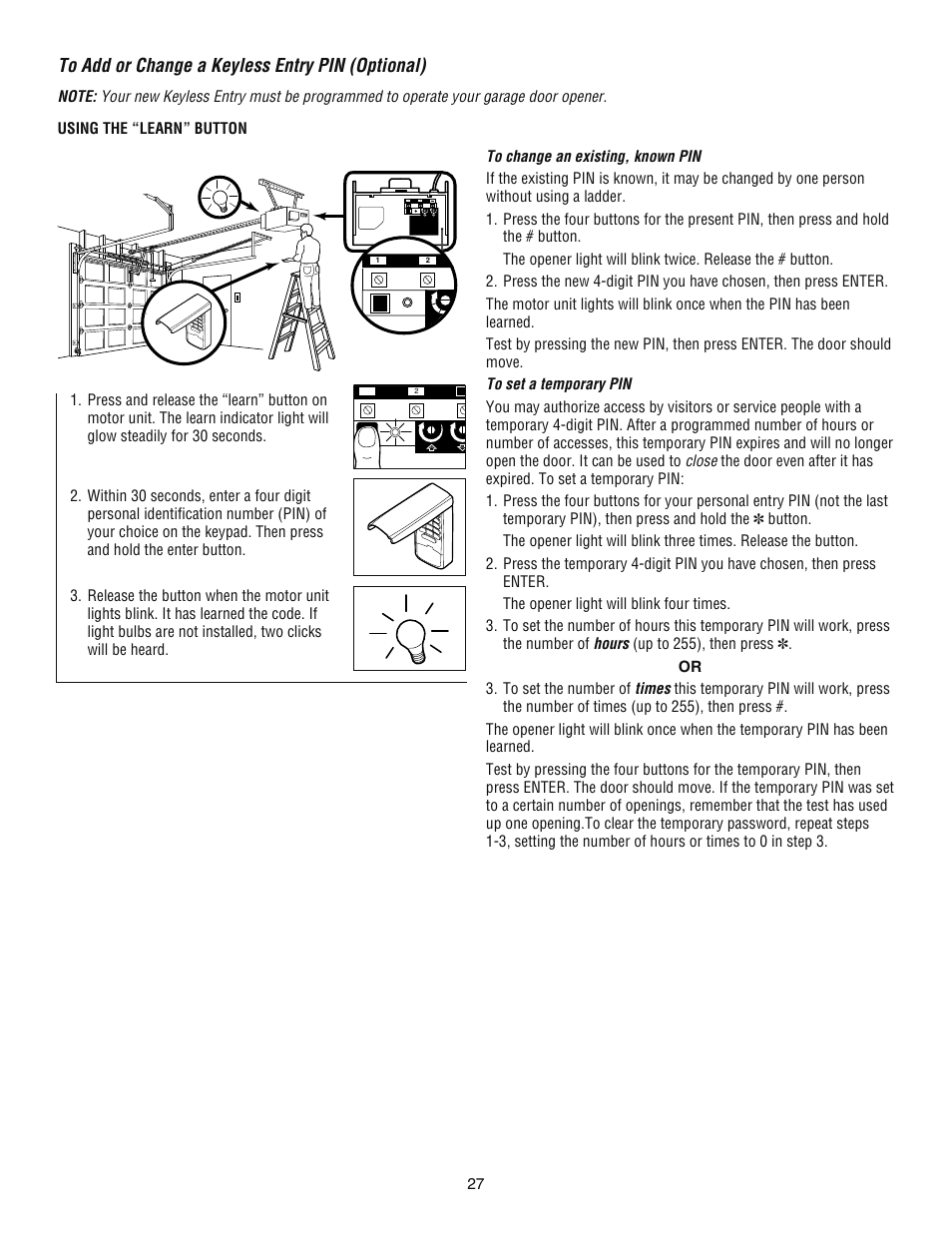 To add or change a keyless entry pin (optional) | Chamberlain ATS 2113X User Manual | Page 27 / 32