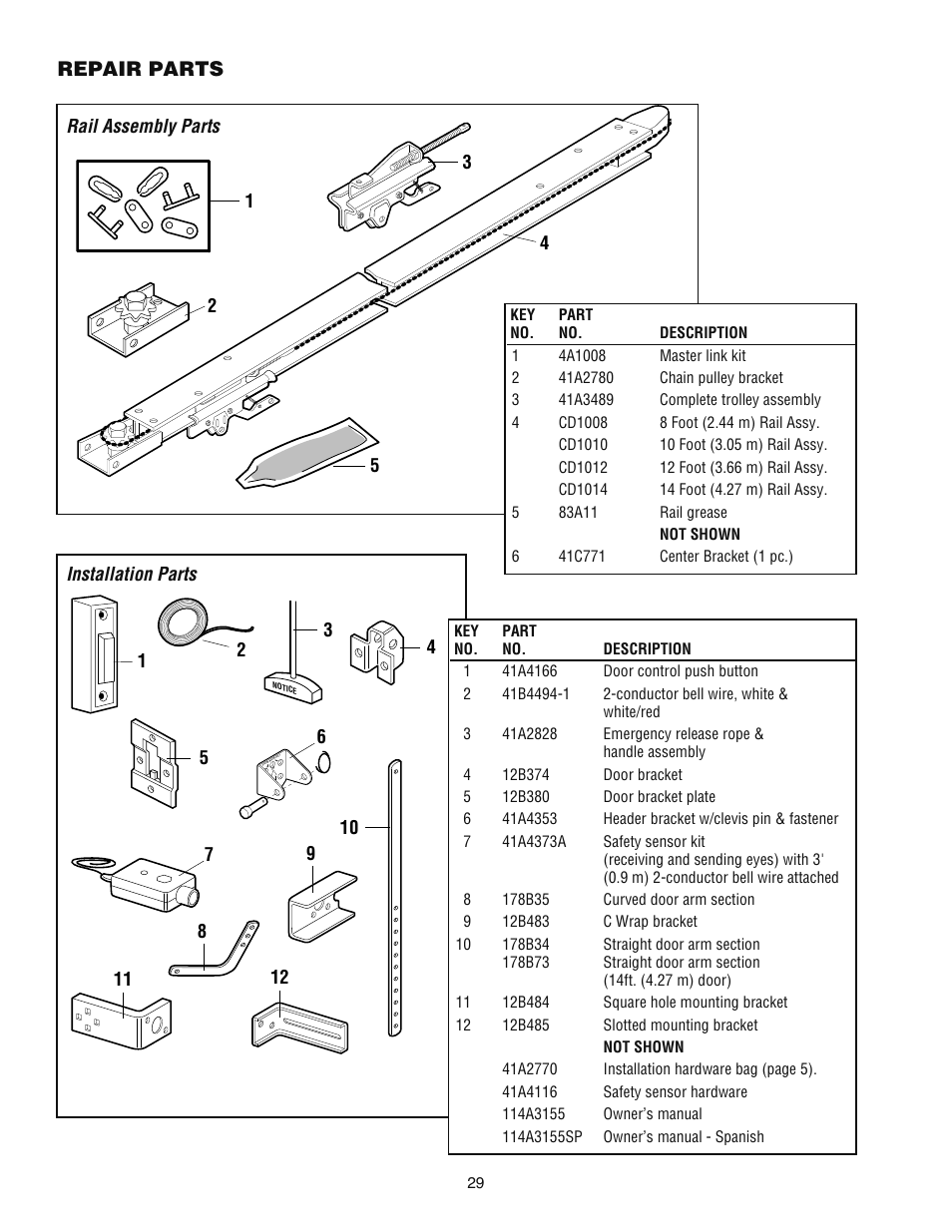 Repair parts, Rail assembly parts, Installation parts | Chamberlain ATS 2113X User Manual | Page 29 / 32