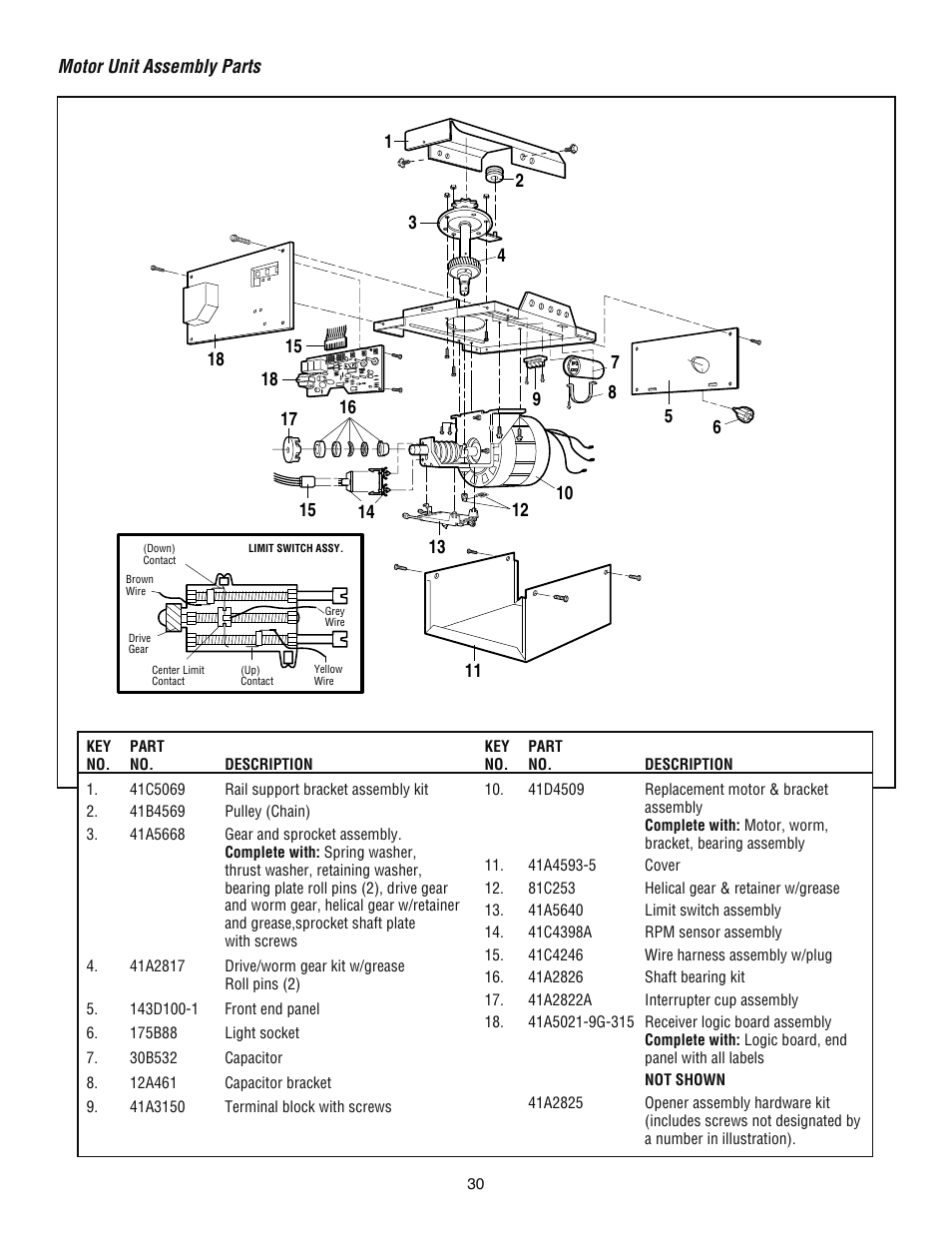 Motor unit assembly parts | Chamberlain ATS 2113X User Manual | Page 30 / 32