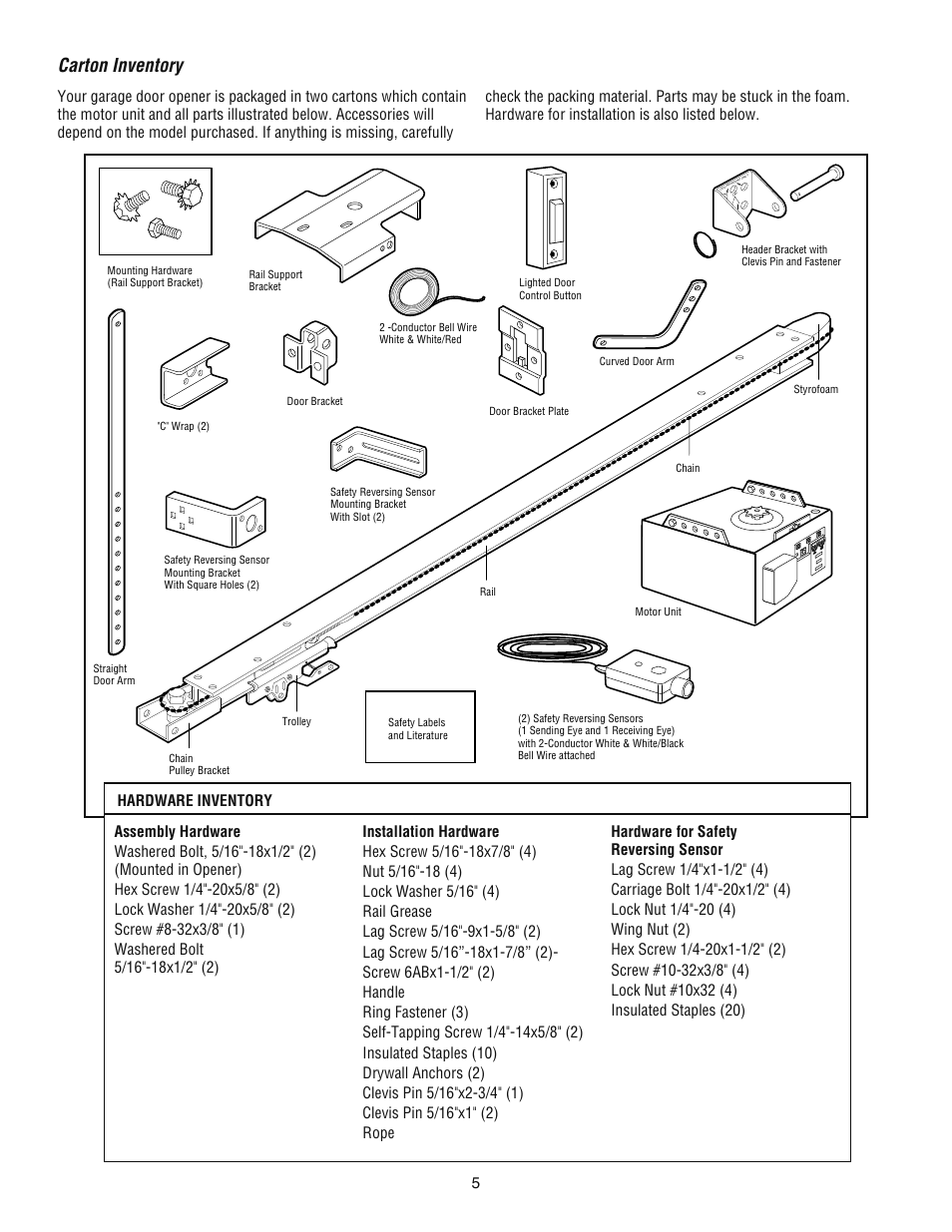 Carton inventory | Chamberlain ATS 2113X User Manual | Page 5 / 32