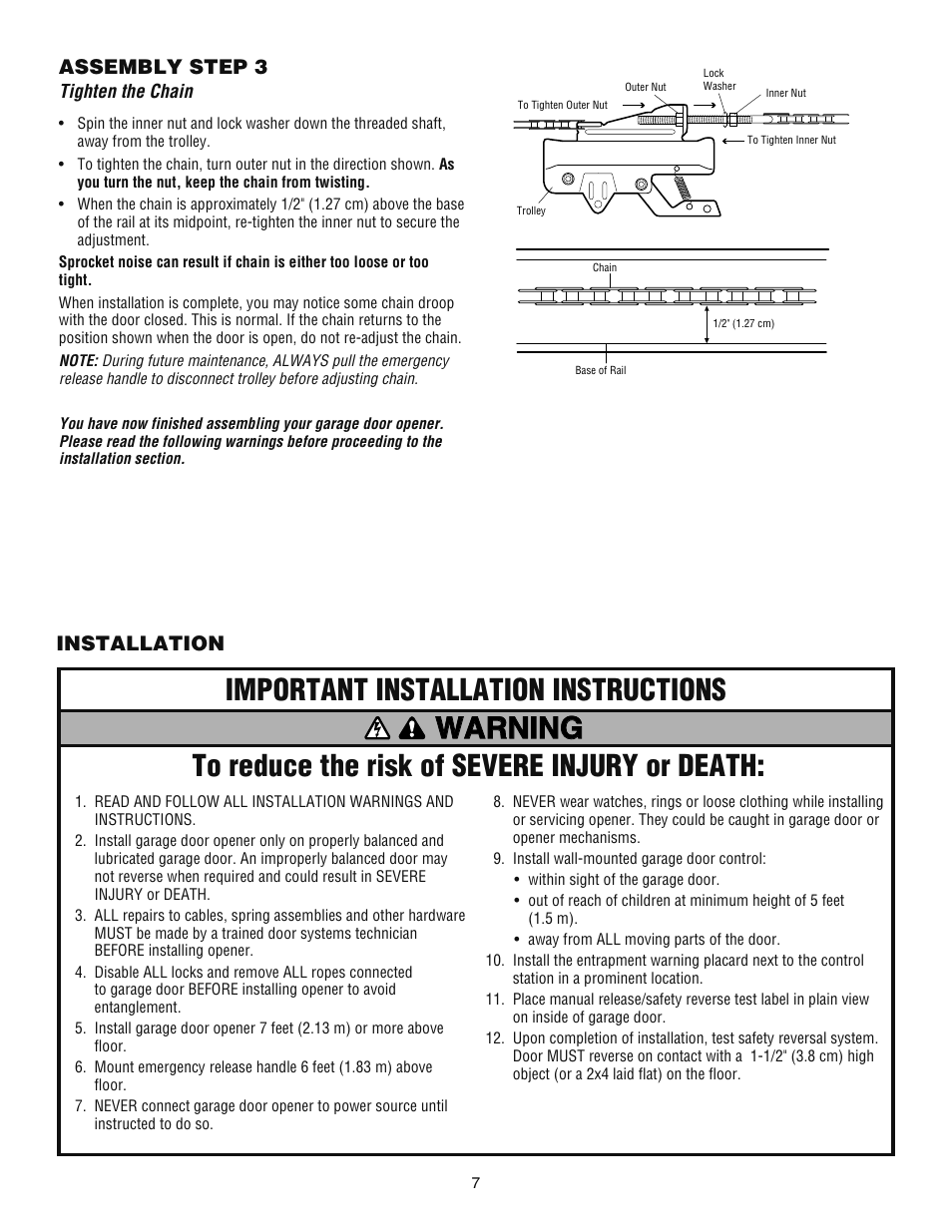 Step 3 tighten the chain, Installation, Warning | Assembly step 3 | Chamberlain ATS 2113X User Manual | Page 7 / 32