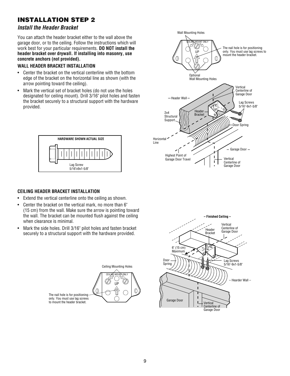 Step 2 install the header bracket, Installation step 2, Install the header bracket | Chamberlain ATS 2113X User Manual | Page 9 / 32