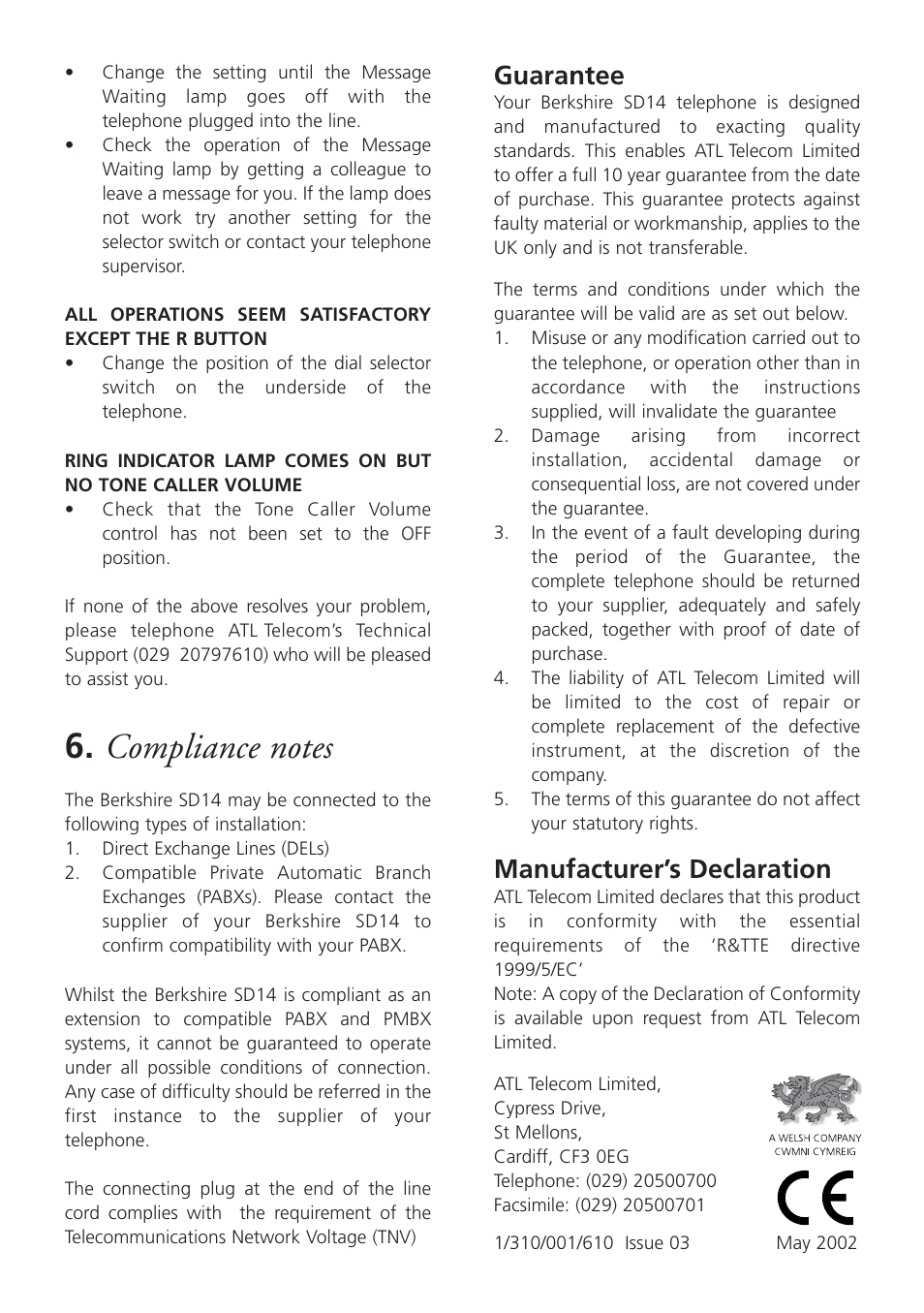Guarantee, Manufacturer’s declaration | ATL Telecom Berkshire SD14 User Manual | Page 4 / 4