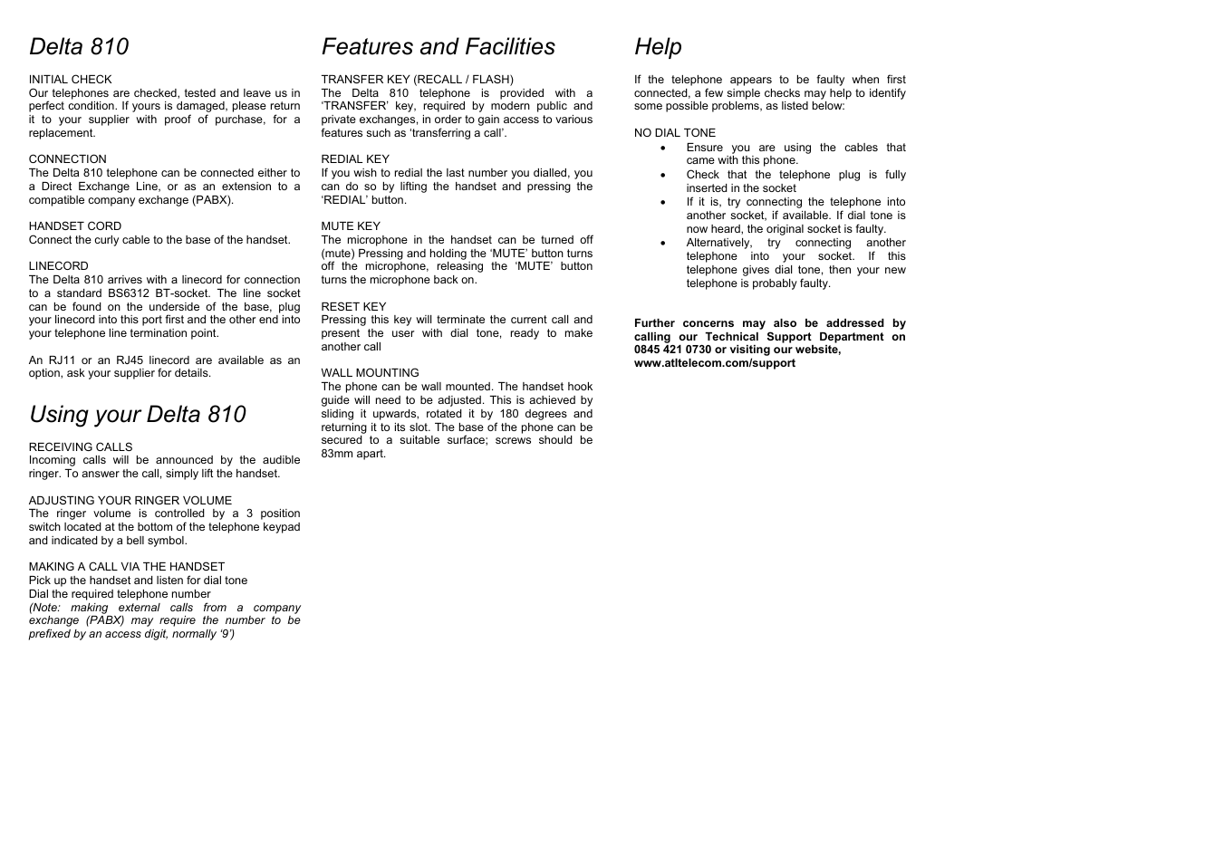 Delta 810, Using your delta 810, Features and facilities | Help | ATL Telecom Delta 810 User Manual | Page 2 / 2