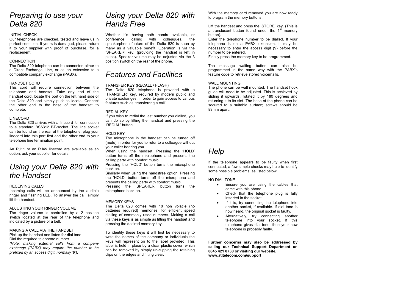 Preparing to use your delta 820, Using your delta 820 with the handset, Using your delta 820 with hands free | Features and facilities, Help | ATL Telecom Delta 820 User Manual | Page 2 / 2
