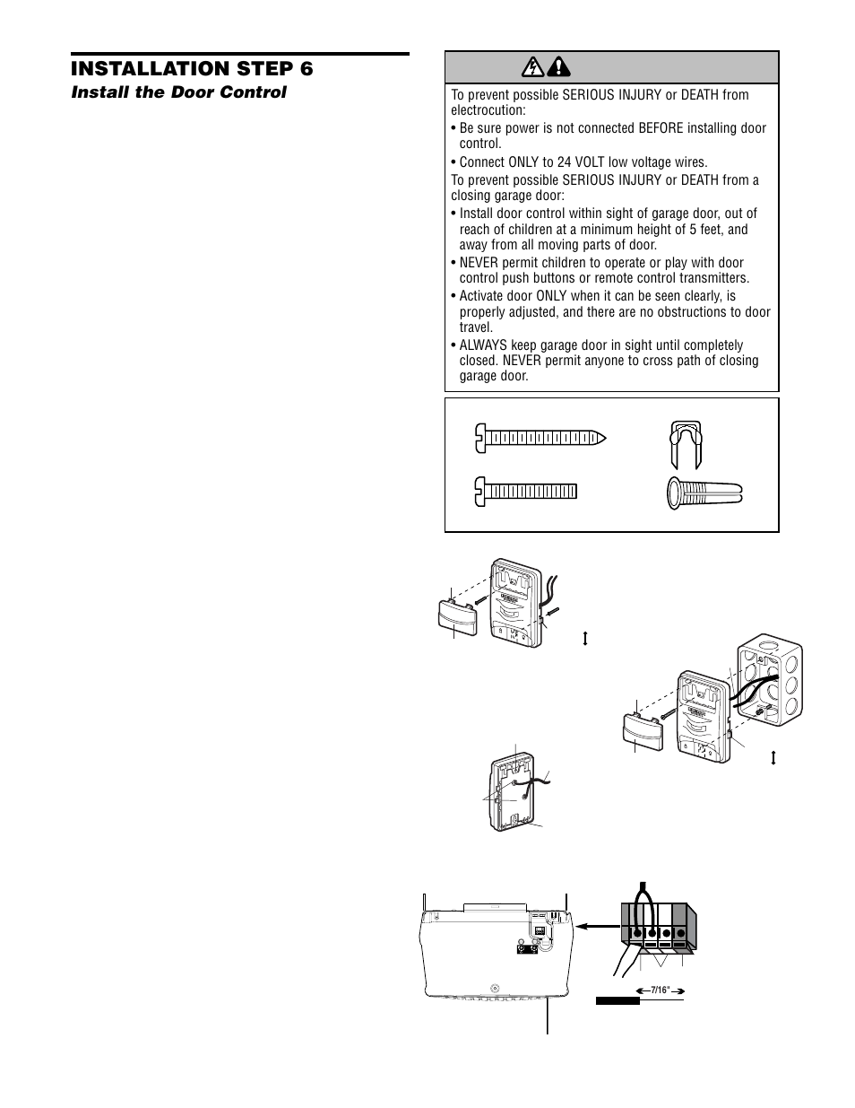 Install the door control, Warning caution warning warning, Installation step 6 | Chamberlain 2580 1/2 HP User Manual | Page 14 / 36