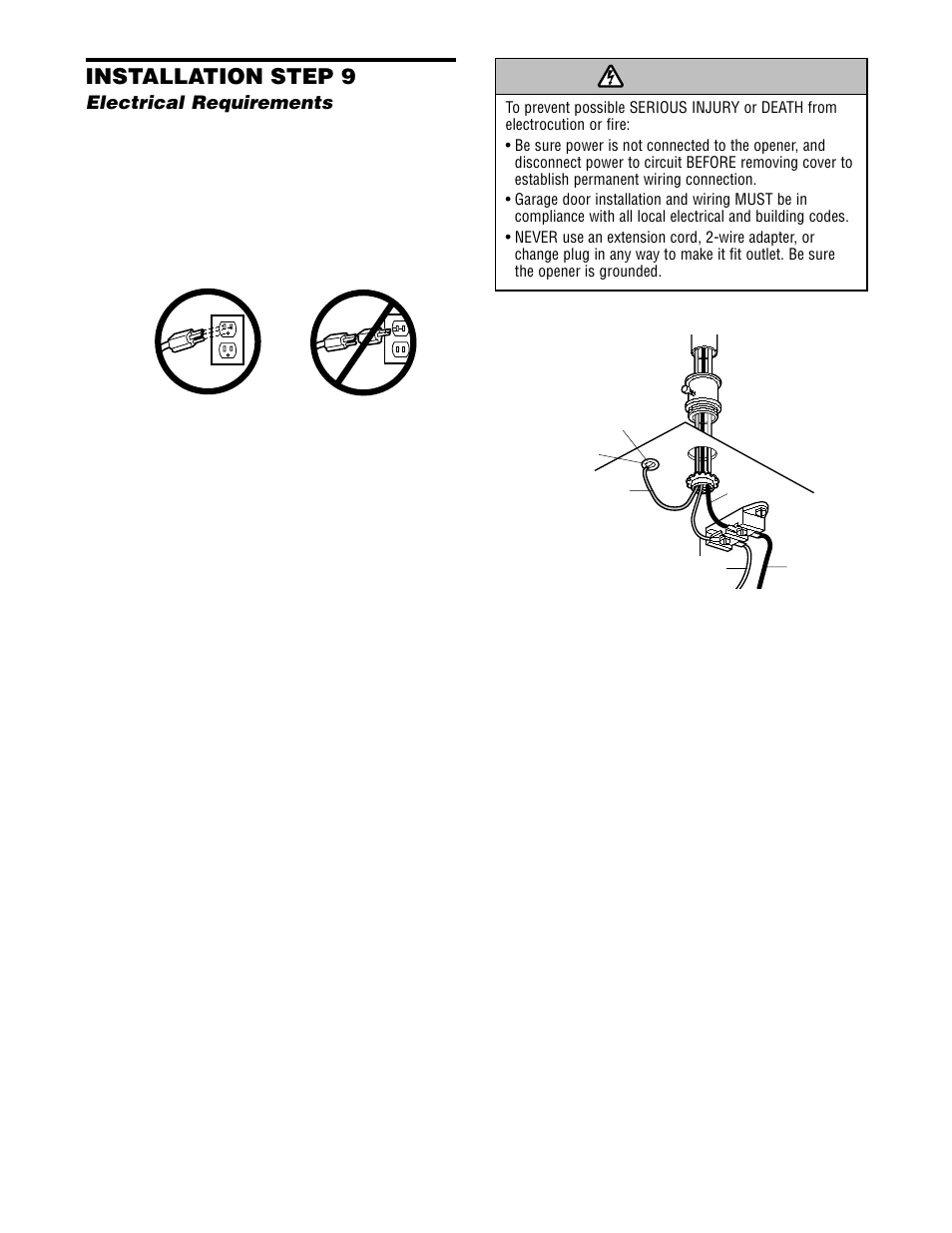 Electrical requirements, Warning caution warning warning, Installation step 9 | Chamberlain 2580 1/2 HP User Manual | Page 16 / 36